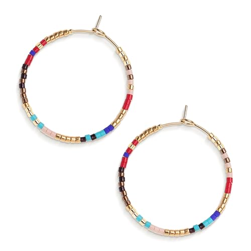 Sonatomber Handmade Boho Colorful Beaded Large Gold Hoop Earrings for Women, Bohemian Blue Seed Beads Circle Hoops Cartilage Hypoallergenic Holiday Prom Jewelry Gift
