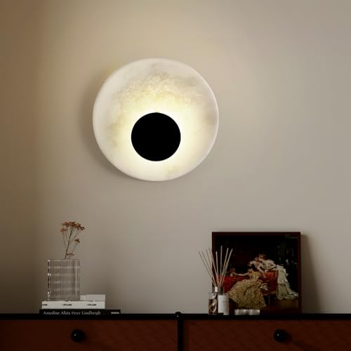 Image of Marble Round Wall Sconce, Natural Marble Hardwired Circular Sconce Modern Sconces Wall Lighting Vanity Light Fixtures for Bedroom, Stairs, Living Room, Bedside