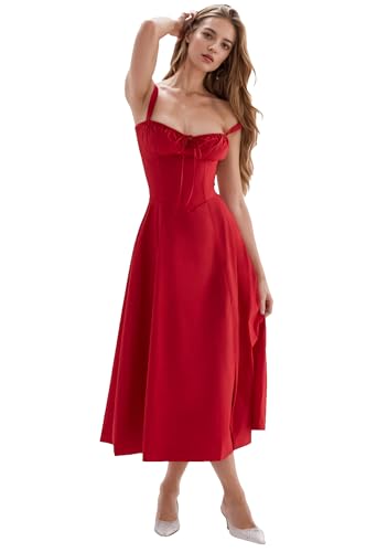 Image of Women Floral Corset Dress 2026 Boho Midi Sundress Summer Dress | Flowy A-Line Dress with Adjustable Spaghetti Straps Lace Up Back Front Slit High Waist for Vacation Wedding Guest