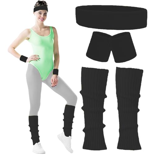 Carnavalife Disfraz Años 80 Mujer Adulto con Cinta de Pelo+Muñequeras+Calentador de Pierna Color Neon Gym, Accesorios Años 80, Bandas Cintas Deportivas 80S (Negro)