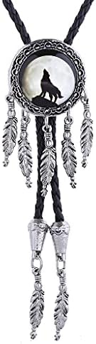 Himongoo Dreamcatcher Bolo Tie for Men Women Leather Rope Wedding Necklace Western Cowboy, Jade Turquoise Agate Dragon Elk Wolf (Wolf)