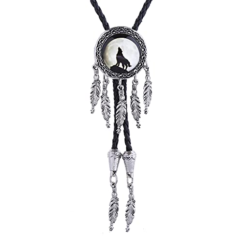 Himongoo Dreamcatcher Bolo Tie For Men Women Leather Rope Wedding Necklace Western Cowboy, Jade Turquoise Agate Dragon Elk Wolf (Wolf) #TOP23