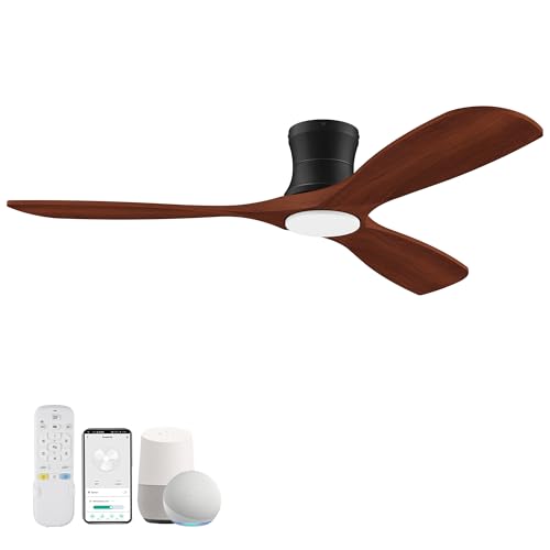 52” Smart Low Profile Ceiling Fans with Lights Remote,3 Wood blade,Quiet DC Motor,Outdoor Indoor Flush Mount Ceiling Fan,Voice Control via WIFI Alexa App,Modern Lighting& Ceiling fan for Bed