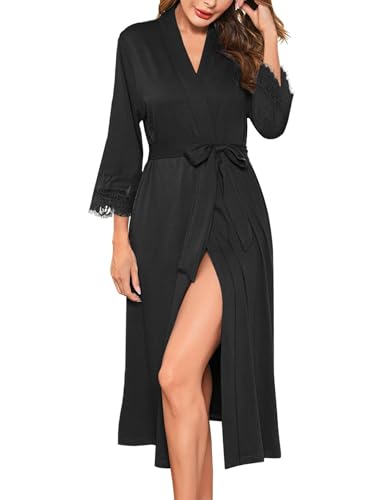 Ekouaer Women's Knit Bathrobe Lace Kimono Robes with Pockets Full Length Lightweight Loungewear S-XXL