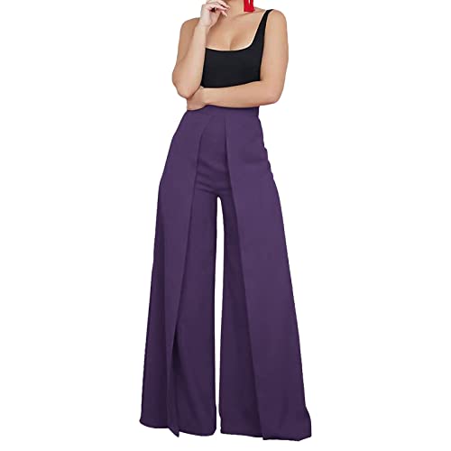 Women Elegant Palazzo Pants Solid Color Casual Loose Wide Leg Trousers Straight Pants Flowy Drape-Feel