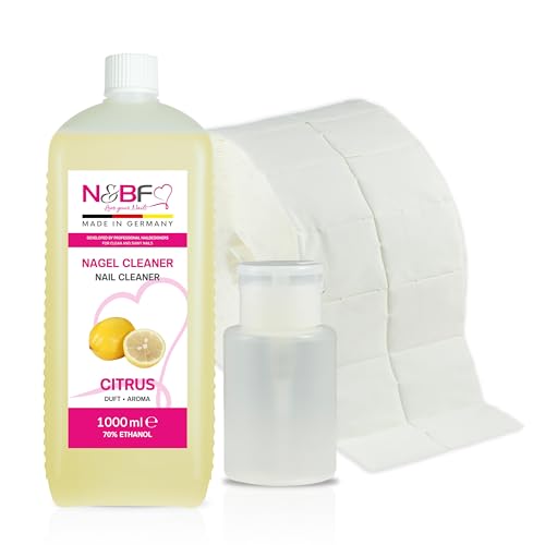 N&BF Limpiador de uñas All for One con aroma a limón, 1000 ml + botella dispensadora (blanco) + 1000 almohadillas de celulosa (2 rollos de 500 unidades) 70% alcohol etanol 1 litro – Limpiador de uñas