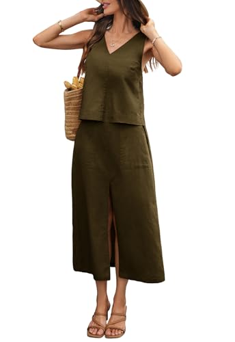 vinglam Women's Linen Skirt Sets 2 Piece Outfits V Neck