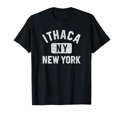 Ithaca New York Gym Style Distressed White Print T-Shirt