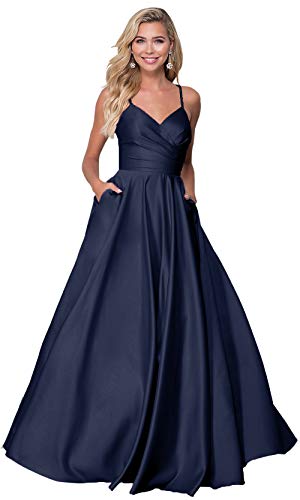 Zhongde Navy Blue Ball Gown Satin Long Prom Dresses for Teens Pleated Beaded Formal Evening Gown with Pockets US8