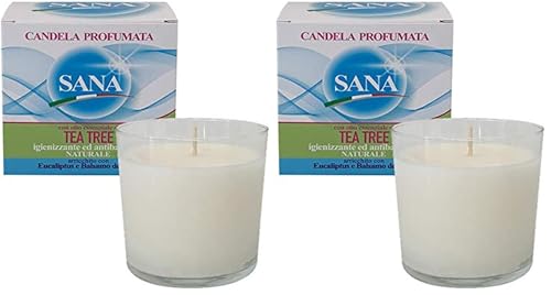 Candela in cera vegetale "Sana" al Tea Tree Oil, Balsamo del Tolu ed Eucalipto - Igienizzante e Antibatterica - Anti zanzare - Durata fino a 55 ore - Cereria Di Giorgio (Confezione da 2)