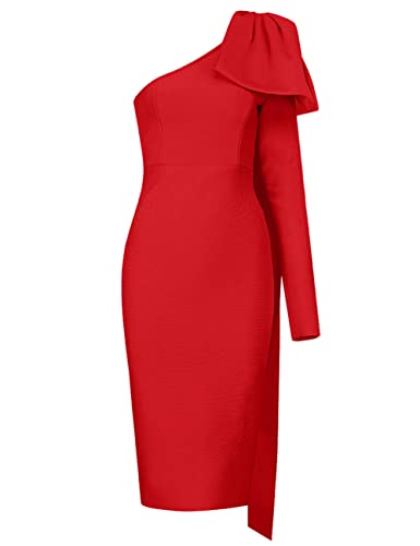 Image of UONBOX Women's One Shoulder Bowknot Long Sleeve Bodycon Knee Length Club Party Bandage Dress