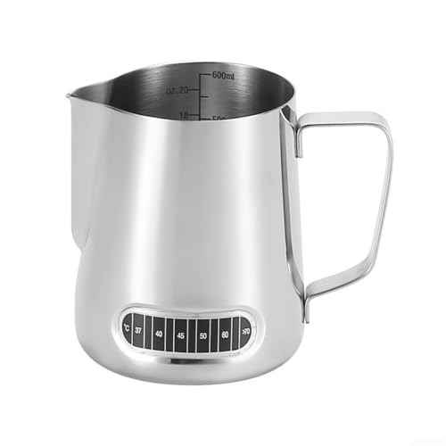 Yuanpgky Jarra de leche de acero inoxidable con visualización de temperatura y marcas de medición para preparar café preciso y espumar capuchino (600 ml, 201)