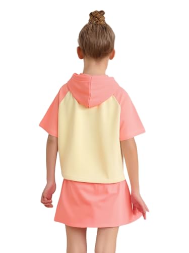 Kids Girls 2 Piece Athletic Outfit Short Sleeve Hooded Top & Mini Skirt for Sports Casual Wear Pink 7 Years2