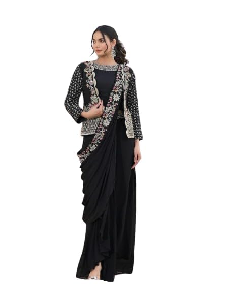 instrofab Ready To Wear Western Drape Lehenga Saree Dupppata Atteched Koti Set For Women Chinon Silk Fabric On Multi Color Embrodery Coding Work Fully Stitched Wedding Party New-picture-21