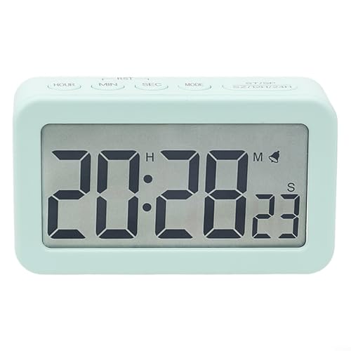 Reloj digital compacto que ofrece múltiples funciones, incluyendo modo de repetición (verde claro)