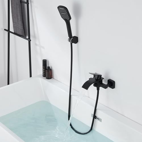 Kelleria Badewannenarmatur - Wasserfall Design Wasserhahn Badewanne, Messing Mischbatterie mit Druckschalter für Wanne und Dusche Einhebelmischer, Infache Montage Inkl Zubehö, Schwarz