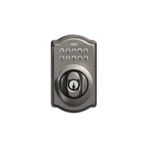 Image of Schlage Camelot Electronic Keypad Deadbolt Lock, Keyless Front Door Entry, Mechanical Key Backup Included, Antique Pewter, BE365 CAM 620