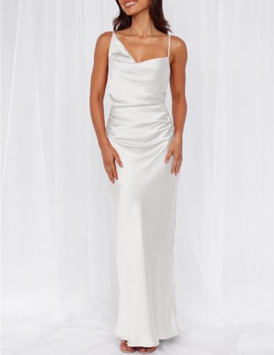 Image of Formal Satin Silk Spaghetti Strap Maxi Dresses for Women Wedding Guest
