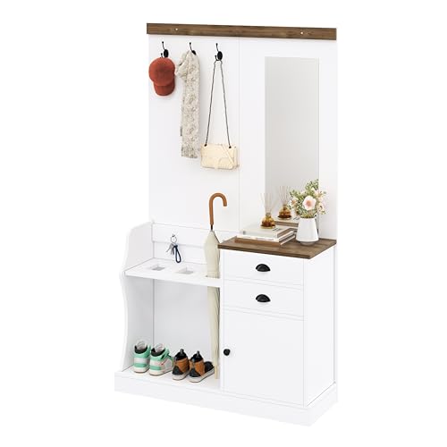 Hmluxury Juego de perchero con espejo, soporte para paraguas, ganchos y cajones, solución de almacenamiento versátil para la entrada