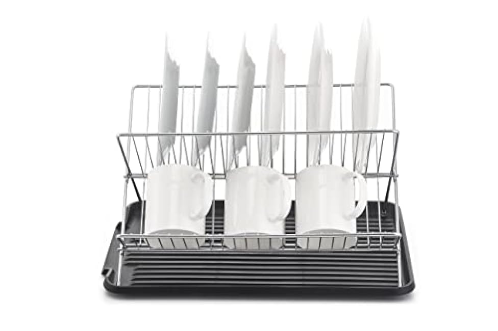 J&V TEXTILES Foldable Dish Drying Rack with Drainboard, Stainless Steel 2 Tier Drainer Rack, Collapsible Folding Rack for Kitchen Sink, Countertop, Cutlery, Plates (Black)