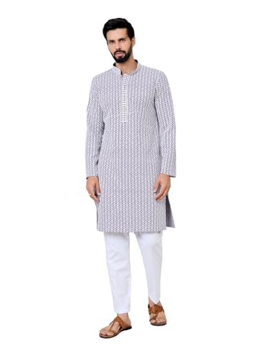 Image of See Designs Men's Full Sleeve Mandarin Collar Embroidered Thread Work Sequinned Rayon Straight Long Kurta - Festive Collection