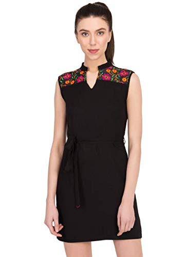LA Loft Black Color Mini Plain/Solid V-Neck Polyester Fabric LACE Fabric DRES with Patch Details for Women
