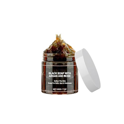 Jabón Beldi Negro Marroquí, Exfoliante Corporal Marroquí, Jabón con Aceite de Argán y Rosa, Jabón Africano, Hecho de Ingrediente Natural (Negro, 1)