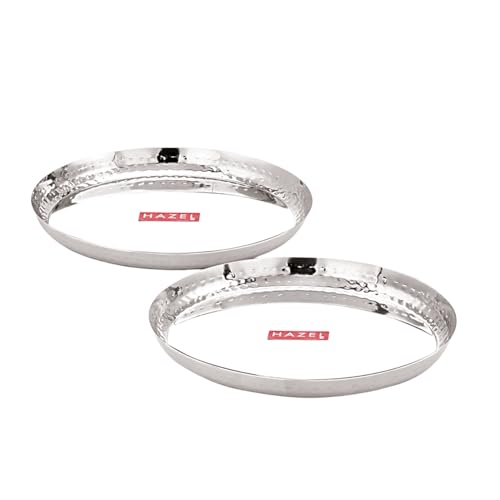 Image of HAZEL Stainless Steel Lunch Plate 25.5cm, Pack of 2 | Plate with Hammered Style Side Walls | Daily Use Dinner Plate Food Serving Plate for Restaurant Thali