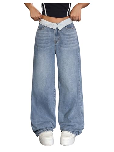 GORGLITTER Girl's Baggy Jeans Fold Over Waist Y2k Wide Leg Denim Pants with Pockets