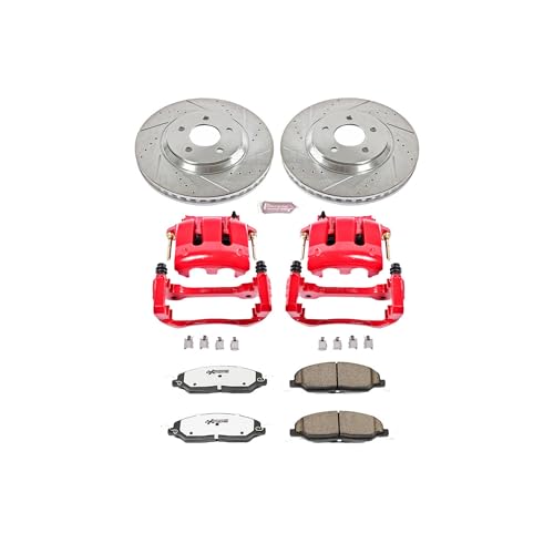 Image of PowerStop Front Brake & Caliper Kit for Ford Mustang 2005-10 - Drilled & Slotted Disc Rotors + Carbon-Fiber Ceramic Brake Pads + Red-Powder Coated Calipers, KC1380-26