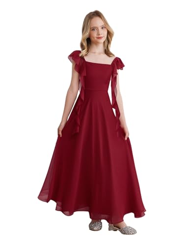YiZYiF Junior Bridesmaid Dresses for Teen Girls Ruffled Formal Maxi Chiffon Flower Girl Dresses Wedding Guest Party Gown