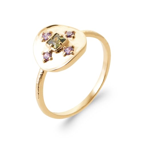 Bague en plaqué or 18 carats avec cabochon rond en zirconium rose et vert taille 50 à 60