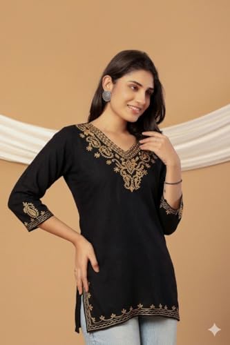 Image of Rayon Kashmiri Embroidered Short Kurti for Women | V-Neck Tunic Top with 3 /4 Sleeves | Floral Design Indo-Western Kurti for Jeans & Leggings