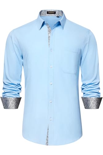 Image of HISDERN Mens Business Dress Shirts Long Sleeve Casual Button Down Shirt Formal Inner Collar Contrast Shirt for Men Wedding