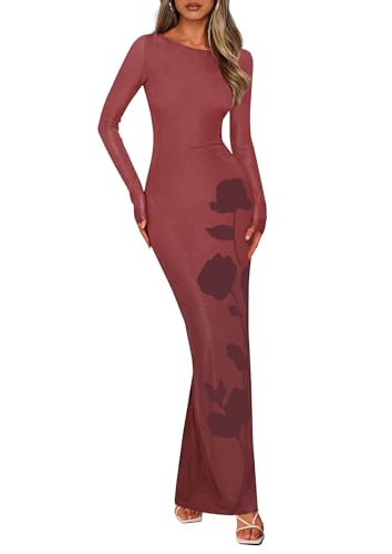 PRETTYGARDEN Bodycon Maxi Dress 2025 Fall Floral Long Sleeve Sexy Mesh Cocktail Wedding Guest Long Dresses