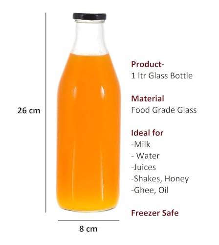 Image of Glassbunny Glass Water Bottle with Airtight Black Lid 1000ML Transparent Glass Bottle for Juices, Drinks, Milk, Shakes, Water Leak Proof Pack of 6