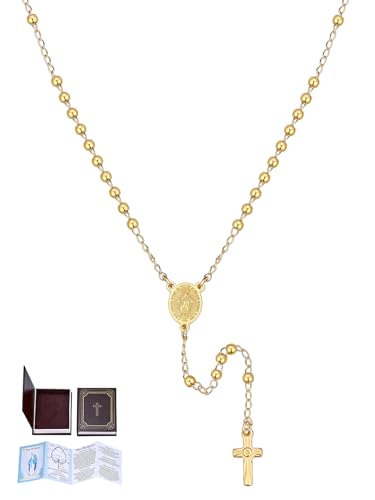 U7 Collar Rosario de Mujer Acero Inoxidable con Cuentas de 3mm Dorado Rosario Collar de Mujer Cruz Cadena 46cm + 7,8cm con Libro de Oraciones, Manual y Caja de Regalo