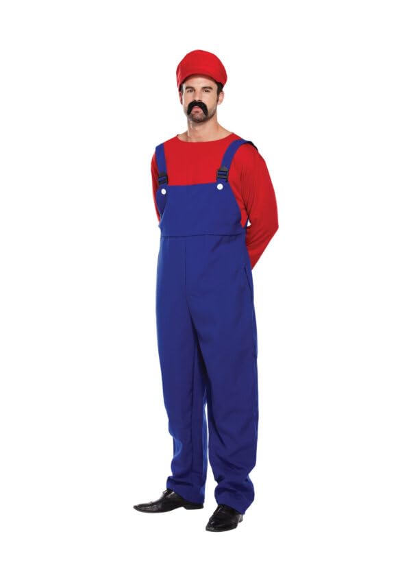 Super Workman Adult Fancy Dress Costume – One Size Overalls with Tools Design – Funny Builder, Plumber & Handyman Outfit for Men & Women – Cosplay, Halloween, Stag Night & Party Costume (Red)
