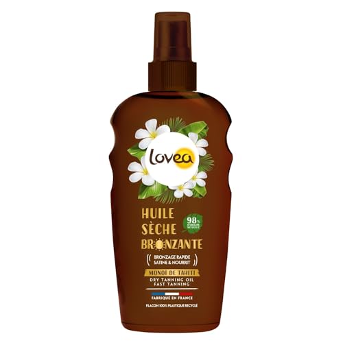 LOVEA - Huile Sèche Bronzante - Visage & Corps - Monoï de Tahiti - Bronzage Rapide, Doré et Lumineux - Nourrissant & Résistant à l'Eau - Vegan - Fabriqué...