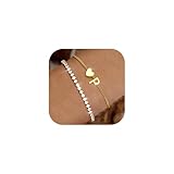 Chriscoco Gold Initial Bracelets for Women Girls Stainless Steel Heart Bracelet Adjustable Gold Tennis Bracelet Personalised Layered Letter Ladies Bracelets Letter P