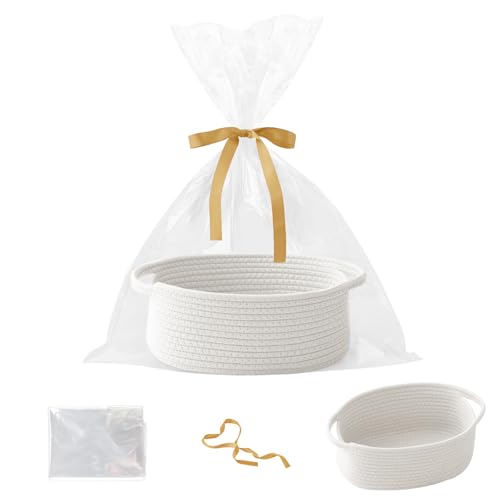 HZFTJOY Small Woven Rope Basket-Empty Gifts Basket with Bag and Ribbons,Cute Handle Organizer Box for Birthday/Baby Shower, Toy Storage, Nursery...