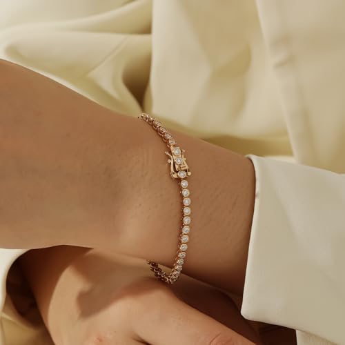 Gem's Beauty Bezel Tennis Bracelet 925 Silver Plated With 14k Gold Round Cut Moissanite Gold Tennis Bracelets for Women Valentine’s, Wedding, Birthday Jewelry Gift3