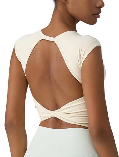 Damen Sport Top rückenfrei: Ärmellos Crop Top Twist zurück mit Halb-Feste Cups - Sexy Sommer Shirt für Yoga Fitness Gym weiß S