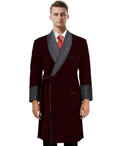 Image of Men's Long Velvet Smoking Jacket Smoking Robe with Belt Shawl Lapel Quilted Dressing Gown