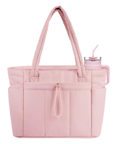 Image of Puffer Tote Bag for Women Handbag Nurse Bag with Cup Holder & Laptop Compartment & Trolley Sleeve for Work Travel Pink