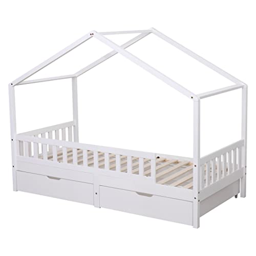 Kingwudo Single Kids Bed Frame with Drawers, Pine Wood