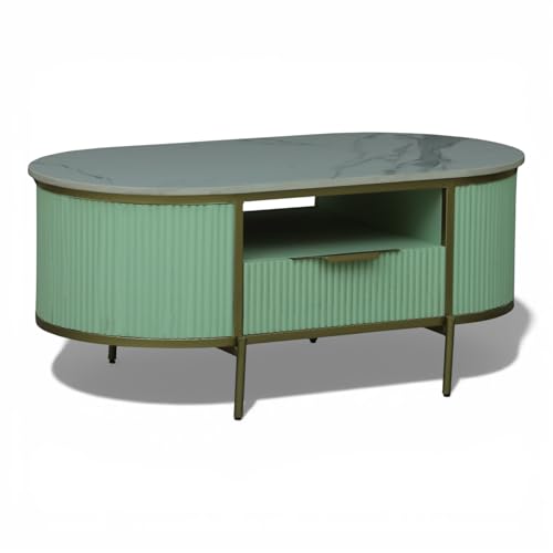 Image of Monaco Coffee Table | Premium Sintered Stone Top Center Table for Living Room | Sage Green with Gold Finish | 110 x 60 x 45 cm