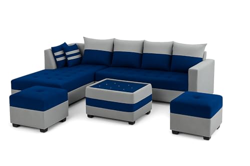 Image of FURNY Stylecon 8 Seater Fabric LHS L Shape Sofa Set with 1 Centre Table & 2 Ottoman (Blue-Light Grey) | Premium Velvet Finish | Durable Comfort | Ideal for Living Room
