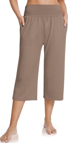 UEU Women's Summer Capris Yoga Pants for Women High Waisted Casual Wide Leg Loose Soft Pajamas with Pockets