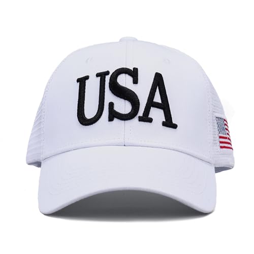 Image of USA Trucker Hat for Men & Women American Flag Cap Adjustable Baseball Cap Mesh Snap Patriotic 3D Embroidered Cap